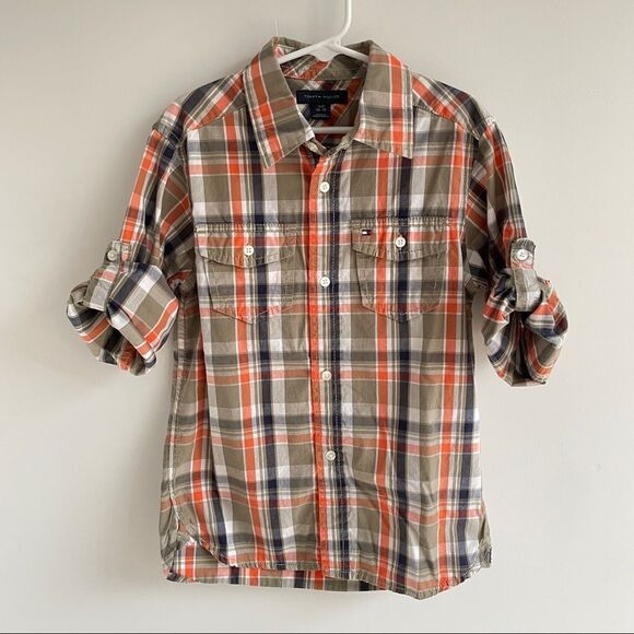 Tommy Hilfiger Boys Plaid Long Sleeve Or Roll Up Button Down Shirt Size S 6/7 - Picture 1 of 11